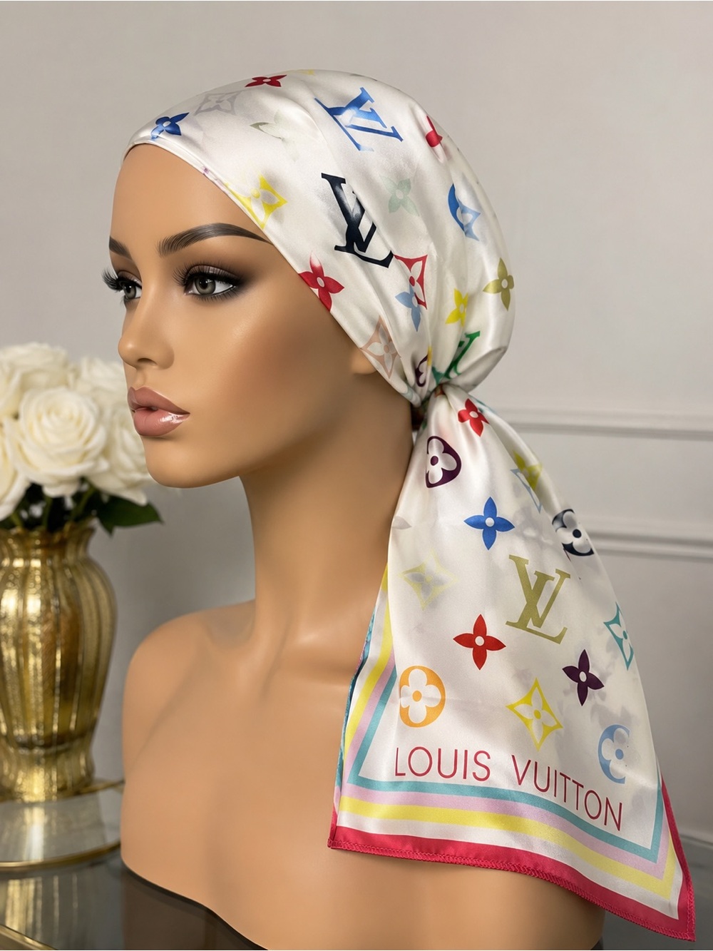 Luxury White silk Multicolor Monogram Scarf Headwrap